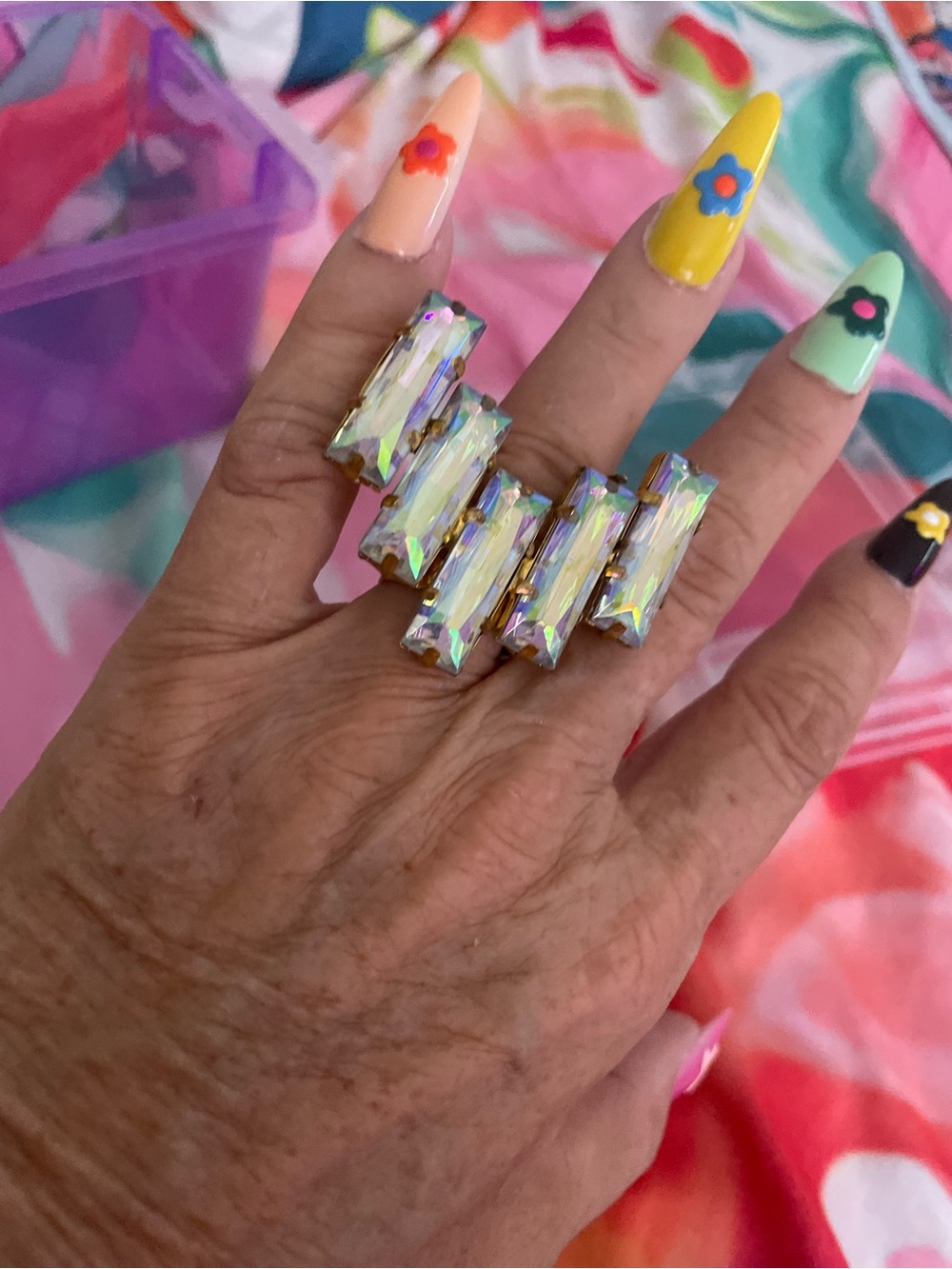 Source Unknown Iridescent Baguette Crystal Stretch Ring in Gold Tone